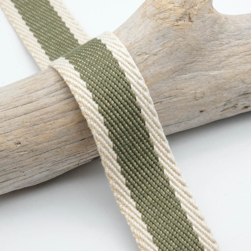 Sangle Coton Effet Lin Rayure Kaki 30mm - Maison Klem